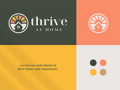 Thrive At Home beach beauty brand identity home horizon house logo icon negative space roof round sun sunshine therapy wellness