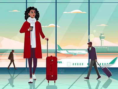 Airport Mood 2d art airplane airport art artwork branding character character design color design draw flat girl girl character graphic illustration illustrator vector winter