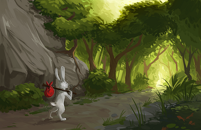 Hoppin' along the road bunny character concept art design digital art digital illustration enviroment forest illustration illustration art journey painting rabbit