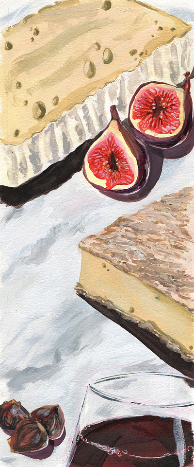 Terre Magazine Figs Painting acrylic cheese editorial figs food food and drink food illustration gouache illustration jessica olah painting wine glass