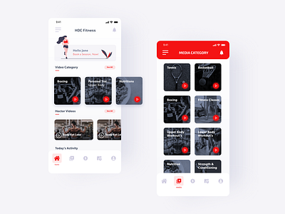 HDC Fitness - Home & Media activities categories fitness fitness app home screen mobile app red ui ui design ux ux design