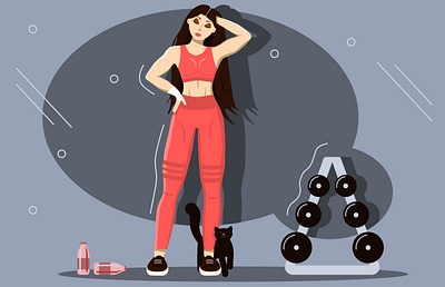 sports girl bodybuilding cartoon cat design girl healthy lifestyle illustration long hair sports sports logo sports nutrition training apparatus vector water bottle young