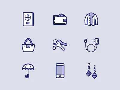 Peek'in icon set #3 adobe illustrator brand design brandidentity branding charger earings iconography icons jacket keys passport phone purse umbrella wallet