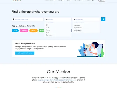 Landing page - Search focused Hero blue colorful fresh landing page mental health search timewith