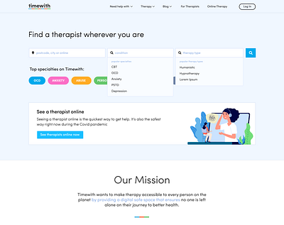 Landing page - Search focused Hero blue colorful fresh landing page mental health search timewith