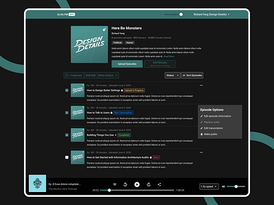 Dark Theme Podcast Transcription Dashboard app audio dark dark mode dark theme dark ui dashboard template dashboard ui flat listen minimal music podcast scribr stream transcription ui