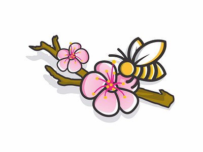 Bee on the flower and branch illustration vector beautiful beauty bloom blossom blue bouquet card flora floral flower flowers isolated nature orchid petal pink plant purple spring white