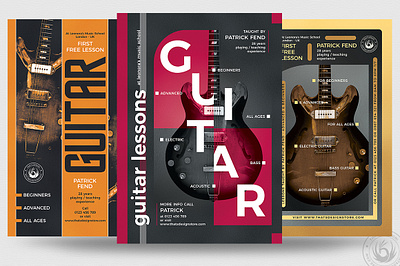 Guitar Lessons Flyer Bundle V2 acoustic bass blues classes concert design electric flyer gig guitar guitarist jazz lessons musician photoshop poster print psd rock template