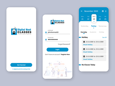 Digital Nest Classes App Login And Calendar UI Design Mockup illustration mobile aap ui mobile ui ui vector