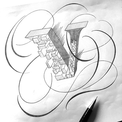 V Letter flourishes lettering sketch