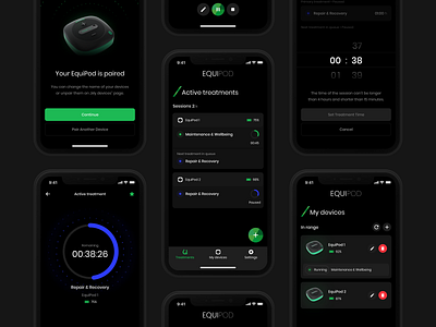 EquiPod android app bluetooth dark mode dark theme design equine horse ios medical app microcurrent minimal treatment ui ux