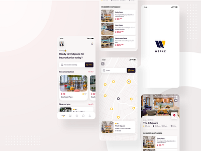 Werkz | Coworking Space Finder App Exploration app design clean ui cospace cowork coworking mobile product design simple soft ui ui desgin user inteface ux design wework