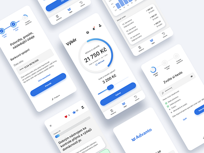 Advanto Mobile App app app design blue button chart form ios ios app mobile mobile app mobile ui navbar process quiz screens shadow slider steps validation white