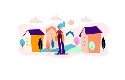 Skateboarding as kind of recreation. cartoon character doodle drawn flat flat illustration people vector woman