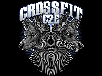 Crossfit C2E Wolves logo black and white branding crossfit fitness illustration logo logo design scratchboard screenprint t shirt vector vector art weightlifting wolves