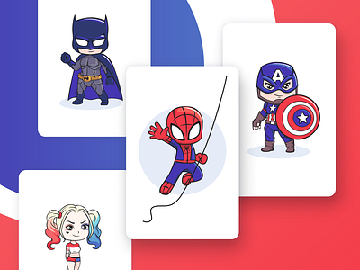 Superheroes 2d batman boy card character child comic costume cute game icon marvel player set smile spiderman superhero superman ui vector