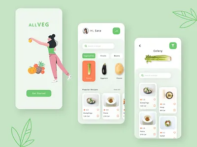AllVeg app design clean clear finder flat food food app foodie healthy illustration interaction mobile recipe recipe book recipes ui ux vegan vegetable vegeterian