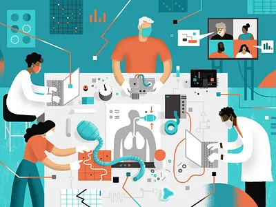 Kaiser Health News / Race to build budget ventilator coronavirus covid editorial editorial illustration engineering health illustration science tech technology ventilator