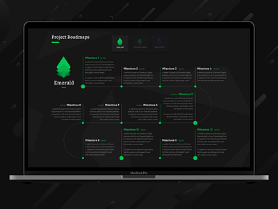 Project Roadmap blockchain dark ui development green milestones project timeline visualization