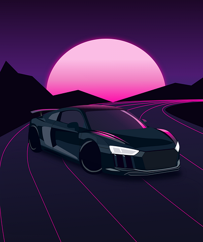 Night drive art car design illustration illustrator neon synthwave vaporwave vector