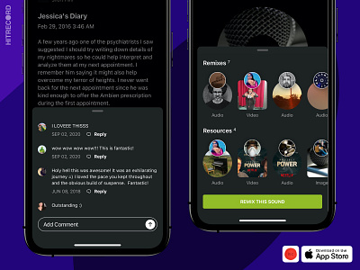 HITRECORD iOS App - Quick viewer - Comments UI, Remix overlays add comment app design comments ui hitrecord ios overlay ui remixes resources slide up panel thread thumbnail trays ui ui design