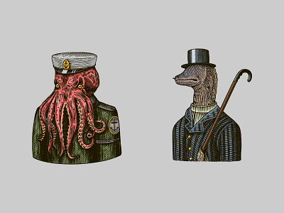 Animal characters Captain Octopus and Moray gentleman animal character badge captain character design engraving gentleman hand drawn illustration logo moray octopus sail sailor vector vintage