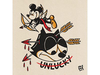 UNLUCKY SPLIT arrows collaboration cupid design felix the cat illustration logo merch design mickey mouse mickeymouse minimal tattoo