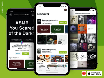 HITRECORD iOS App - New Discover tab for hashtags and series contributions grid ui hashtag hitrecord production projects records tags ui ui design