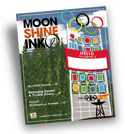 Cover Illustration and Design for Moonshine Ink 2020 cartoon choosing a name history illustration monuments name change new olympic valley olympic valley red reframing removing offensive labels reorg rings ski resort squaw valley washoe tribe