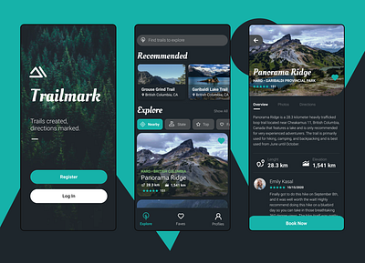 (Design Feedback) Trailmark - Hiking / Trail Application app concept dark design exploration hike hiker hiking mobile mode mountain trail trekking ui ux