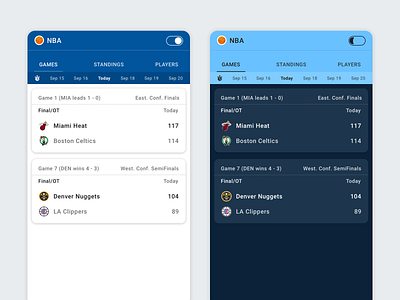 Google NBA Page Redesign basketball dark mode dark theme dark ui design light mode light theme light ui livescore mobile design nba nba playoffs ui ux