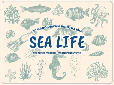 Sea Life Hand-drawn Pointillism animal animals artwork badge coral drawing fish hand drawn illustraion illustration octopus pointillism seahorses seaweed shellfish stipple stippled stippling vintage vintage logo