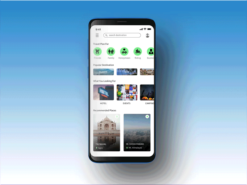 Book hotels, events & tourist destinations - Travel app animation booking dailyui destination events hotel mobile app place prototyping tourist travel uiuxdesign