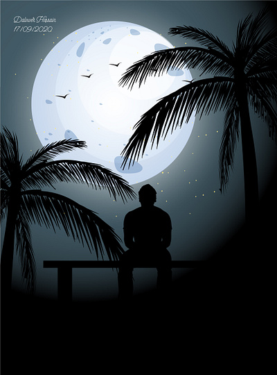 A man watching moon illustration vector a man alone background background art beach bench design illustration logo modern moon moonlight nightview star typography vector watching watching moon