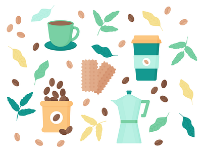 Day 269 - 366 Days of Illustration Challenge - MintSwift biscuit coffee coffee bean digital illustration flat design flat illustration flatdesign illustration illustrations illustrator leaf mintswift moka pot mug pattern design sack saucer travel mug vector vector illustration