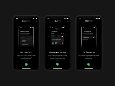 EquiPod - Onboarding android app app bluetooth dark mode dark theme design equine horse ios app medical app microcurrent minimal onboarding treatment ui ux