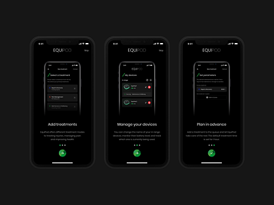 EquiPod - Onboarding android app app bluetooth dark mode dark theme design equine horse ios app medical app microcurrent minimal onboarding treatment ui ux