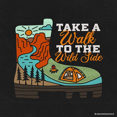 Take a Walk To The Wild Side Badge adventure badge boots camping camping logo creative logo creative market emblem mountain retro vector vintage