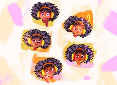 Mood angry annoyed big hair character development characterdesign childrens book childrens illustration confused curls digital art emotions funky girl happy illustration kidlit art mood surprised visual development