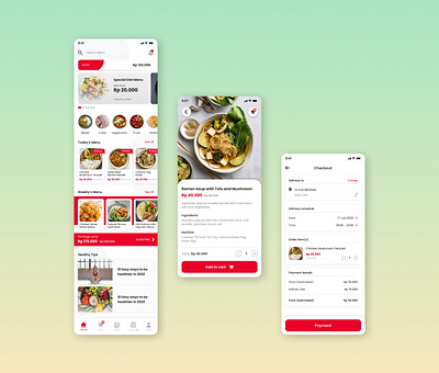 Food Delivery App - Landing Page, Detail Menu, Order Checkout app daily ui delivery app design figma figma design food food app health interaction interface layout mobile mobile app mobile app design mobile ui store app ui ux