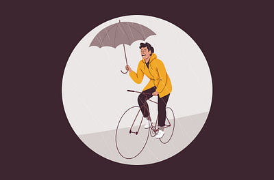 Rainy day bicycle bike character cycling design graphic illustration man pastel rain umbrella vector