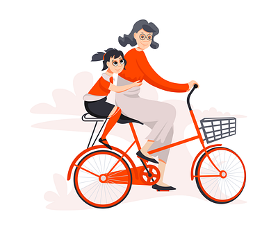 Grandma and granddaughter bicycle character girl granddaughter grandmother illustration person vector