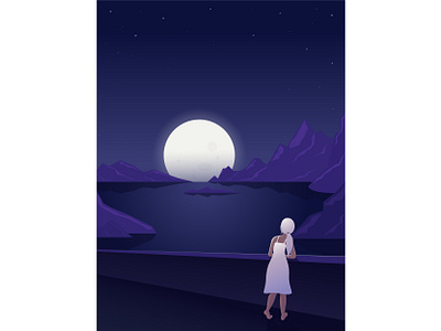 Night walk art character design design flat flat design girl illustration graphics illustration illustrator lake landscape moon moonlight mountains night poster stars vector walking