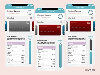 Credit Card Checkout with Slide checkout credit cards daily ui 002 dailyui food app ice cream minimal mobile ui ux vector