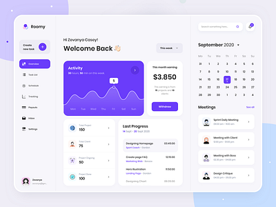 Roomy Dashboard Task Planner app clean clean design dashboard dashboard app dashboard ui design desktop minimal mobile money purple scheduler task task management ui ui design user interface ux website