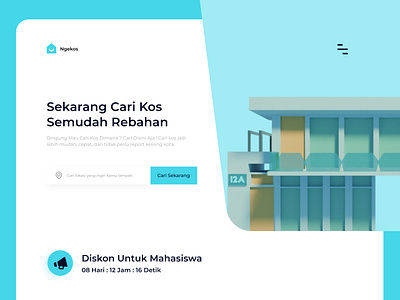 Web Pencari Kosan 3d 3d building boarding house clean clean design clean ui design hero section illustration kos kosan lodging minimal mobile student ui ui design uiux web web design website design