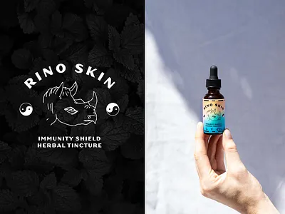 Rino Skin Immunity Shield Herbal Tincture brand identity branding gradient herbal illustration immunity label medicine mint packaging packagingdesign packagingpro rhino tincture yinyang