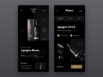 Vinaria din vale - Mobile UI adobe xd android app design brand clean dark app dark mode dark theme ecommerce ecommerce app minimal mobile ui simple typography ui ui shop ux uxdesign uxui vintage