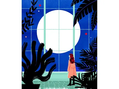 The Moon blue brushes digital illustration green house illustration ink looking moon shadows woman