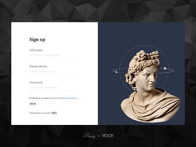 Vigor`s Sign up page ant design art branding dadaism design kosar khonakdar minimal music photoshop ui ux web design webdesign xd xd design